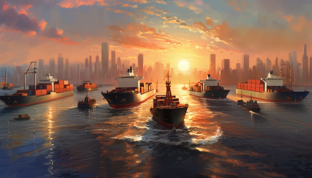 An illustrative digital painting depicting a serene harbor scene at sunrise. The water shimmers with reflections of warm sunlight as a fleet of cargo ships embarks on their voyage. The foreground shows a bustling activity with smaller boats navigating around the larger vessels. The horizon is adorned with a skyline of futuristic skyscrapers bathed in the orange glow of the ascending sun, suggesting a bustling port city at the start of a new day.