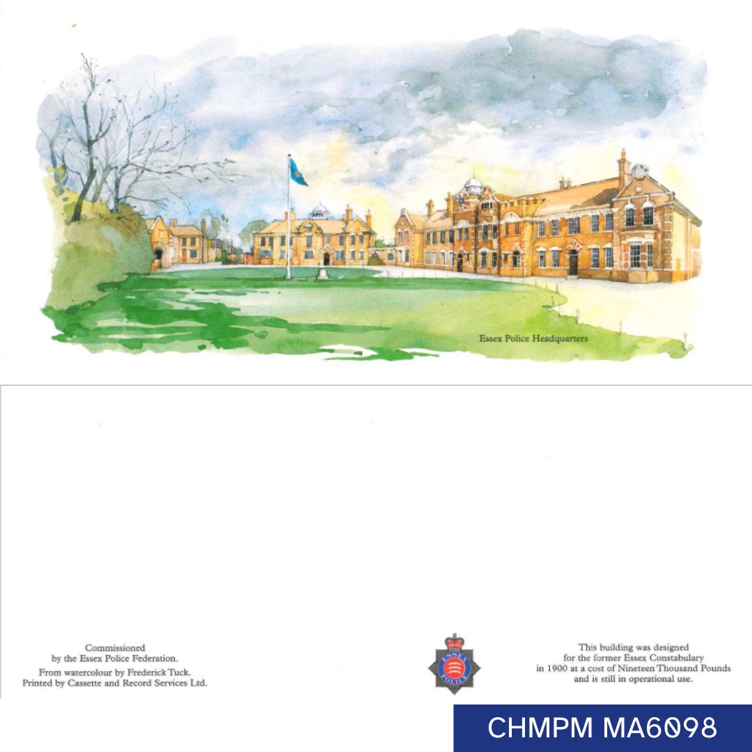 Card is in colour and has a watercolour of the current police headquarters. The Victorian buildings are formed in a crescent with a lawn in front. There is no greeting but anecdotal text reads Commissioned by the Essex Police Federation. From watercolour by Frederick Tuck. Printed by Cassette and Record Services Ltd. This building was designed for the former Essex Constabulary in 1900 at a cost of nineteen thousand pounds and is still in operational use. 