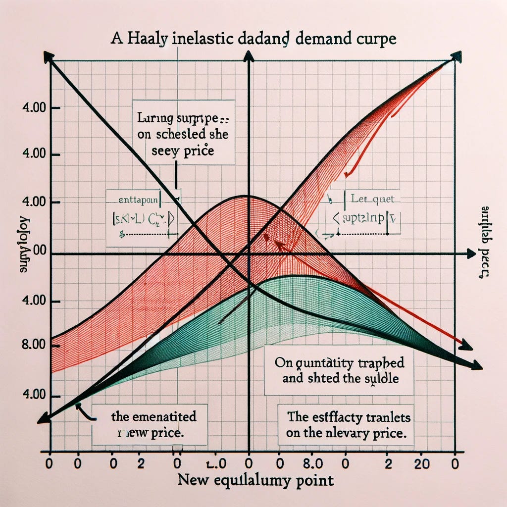 A graph showing a highly inelastic demand curve with a steep slope. On the same graph, depict two supply curves: one representing the initial supply and the other shifted to the left. Show the effect on the quantity transacted and the clearing price, with the new equilibrium point marked clearly. Use simple, clear lines and labels for the curves and points.