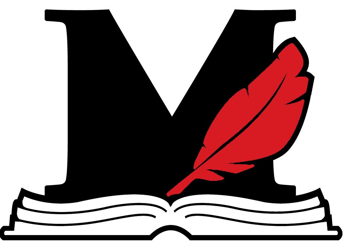 A Stylized M on an open book with a red quill