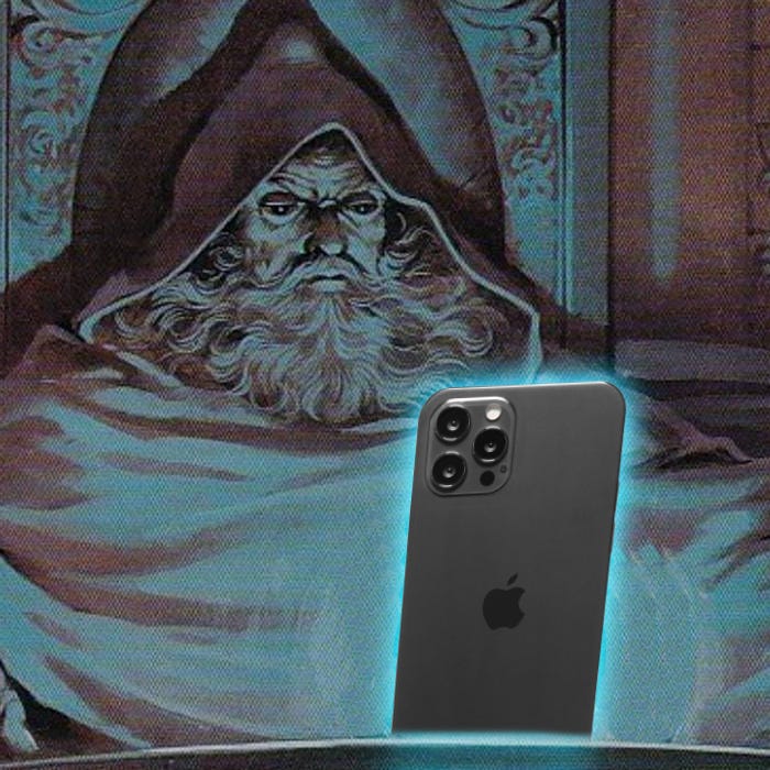 the wizard pondering his orb meme, but the orb is an iphone