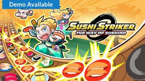 Promotional art for Sushi Striker showing the male and female versions of the player character, their cat spirit ally, and rows of sushi