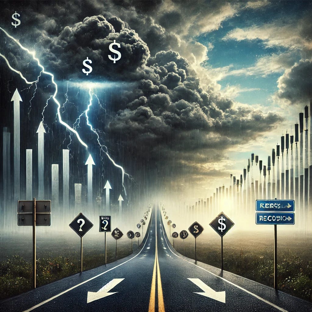 A conceptual image depicting the outlook for a recession. In the foreground, a dark road stretches into the distance, splitting into two paths: one leading into a stormy, cloud-filled sky with lightning and downward economic symbols like graphs and dollar signs, and the other leading toward a horizon with breaking clouds and a hint of sunlight, symbolizing hope. Along the road, signs indicate economic uncertainty with symbols like question marks and arrows pointing in different directions. The overall color scheme is muted, with dark grays, blacks, and subtle hints of light as a contrast to represent the uncertain outlook for the economy.