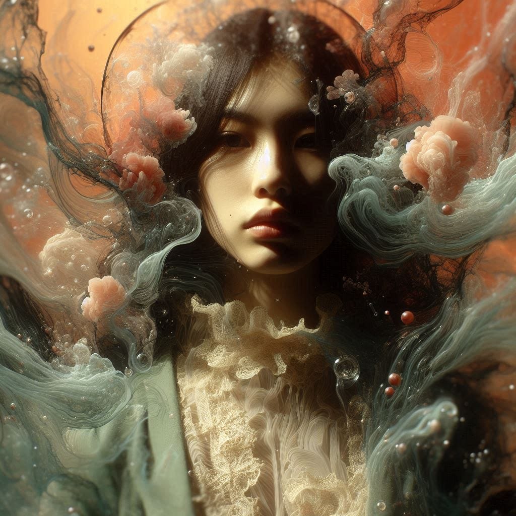 inside clear water ; tiltshift/ 5d angle glass embedded Carla caves / Broken into fragments/ pieces/Dark Haired, Plus Sized Asian  in front of Carla caves / in olive,ivory, chartrues, lace made of black water in resin/He is full of love. coral orange, pink, cream, olive address/ reverberating waves. black hole/ water in resin verdigris/ In the style of Michael Parkes. black etching/ black linework/ black sky