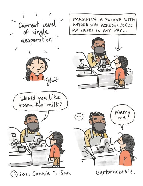 Room For Milk 4-panel comic strip of a girl with a braid, ordering coffee. Panel 1 text reads "Current level of single desperation." In panel 2, she orders coffee from a bearded barista, with the caption "Imagining a future with anyone who acknowledges my needs in any way..." In panel 3, the barista asks, "Would you like room for milk?" In panel 4, there's a beat, as he waits, right before she responds with "marry me." Original webcomic strip by Connie Sun, cartoonconnie