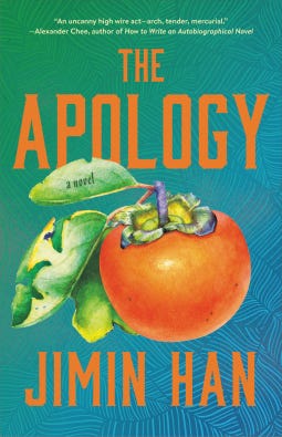 book cover with text reading “The Apology Jimin Han” with a photo of a pomegranate