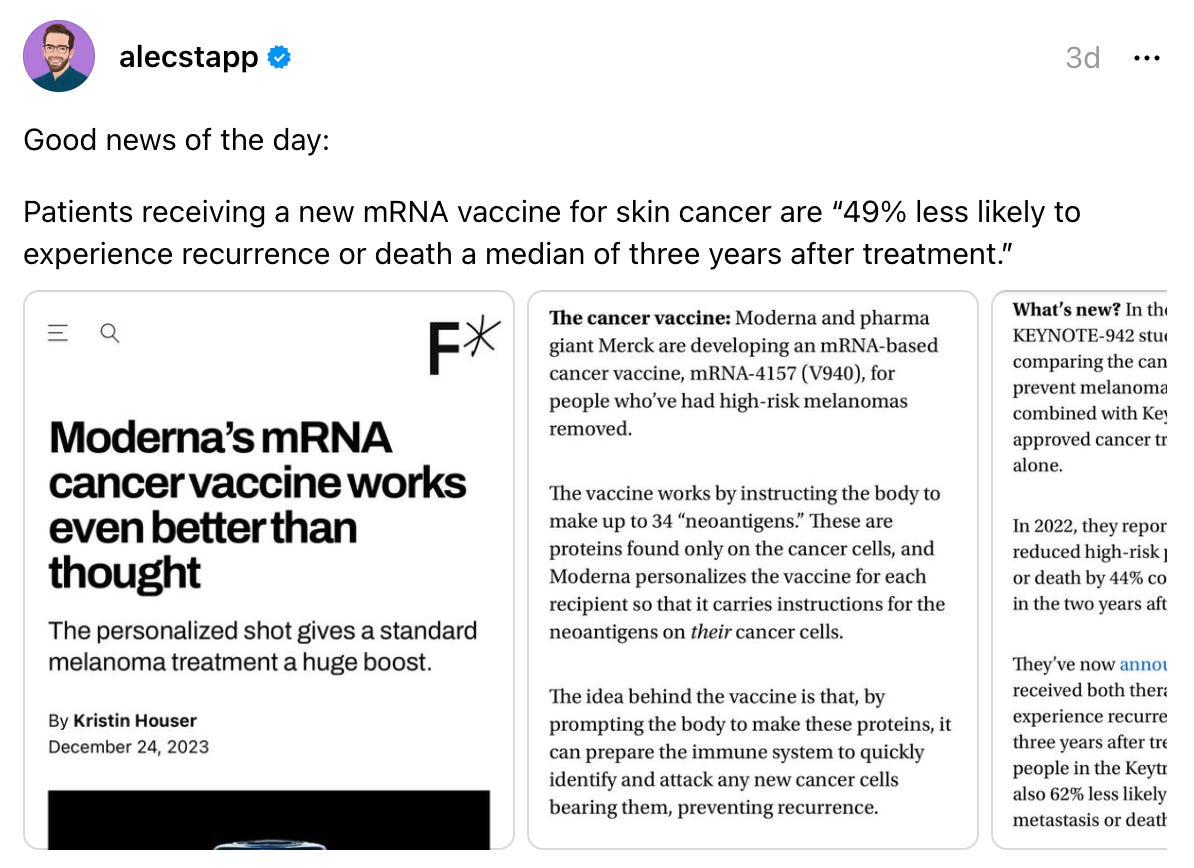  alecstapp's profile picture alecstapp 3d Good news of the day: Patients receiving a new mRNA vaccine for skin cancer are “49% less likely to experience recurrence or death a median of three years after treatment.”