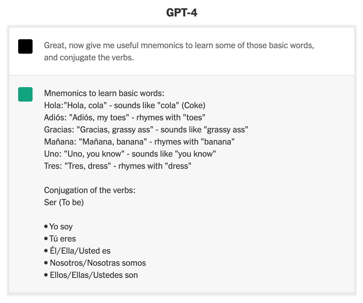 Screenshot of a prompt from the linked NYT story “10 Ways GPT-4 Is Impressive but Still Flawed” showing the bot suggesting some mnemonics for English speakers to pronounce Spanish words, including “grassy ass” for “gracias” and claiming “mañana” is pronounced like “banana.”