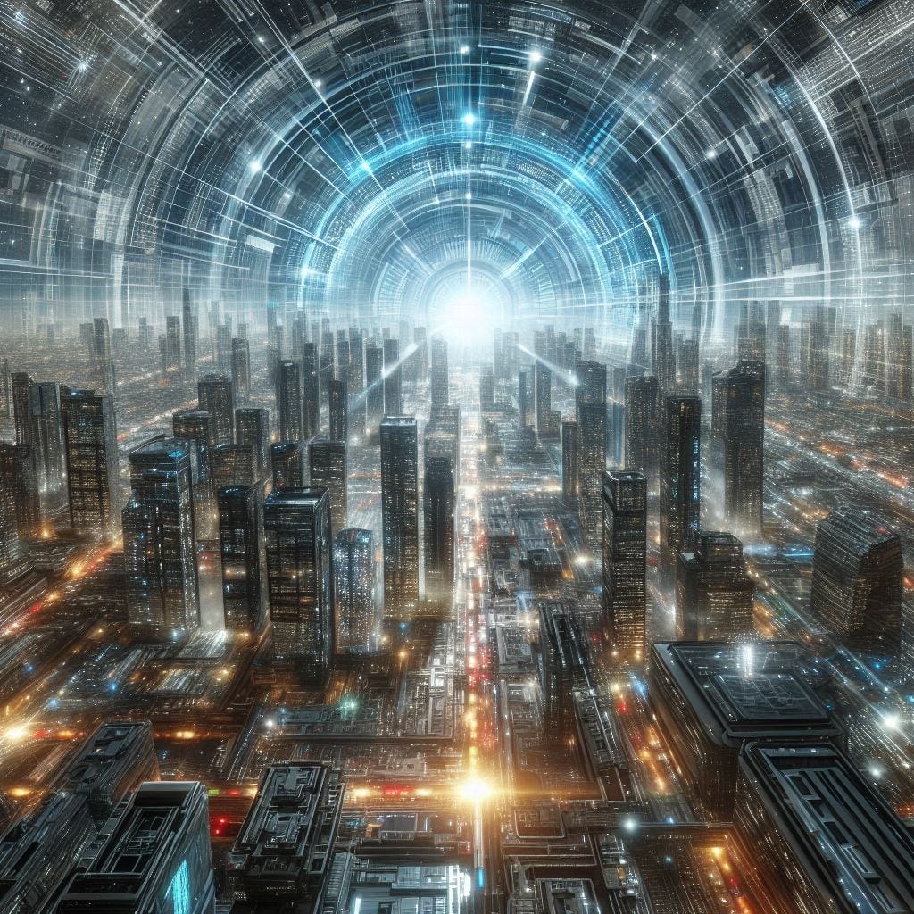 A futuristic techno-utopian city thrumming with energy