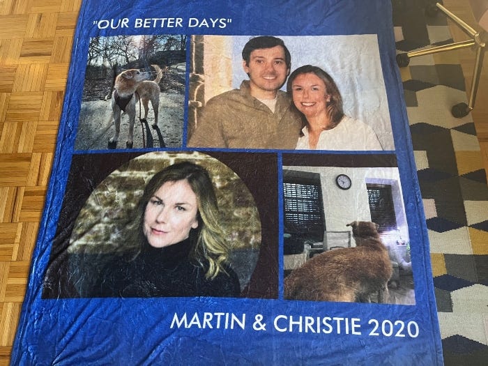 A full image of the blanket (a gift from friend Charles Tanner, a boxer who was incarcerated with Martin and received clemency from Donald Trump). 