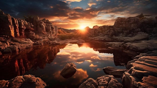 Premium AI Image | A sunset over a desert scene with rocks and a lake.