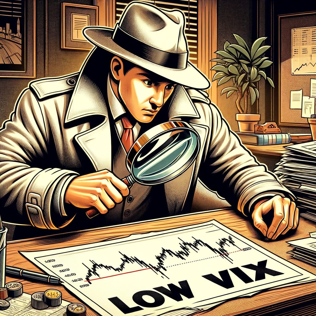 A detective-themed illustration depicting a character investigating a low VIX. The detective is wearing a classic detective outfit, complete with a fedora hat and a trench coat. They are intently looking through a large magnifying glass, magnifying the text 'LOW VIX' which is written on a piece of paper or a chart. The scene is set in an office environment with a desk, papers, and finance-related books scattered around. The detective has an expression of curiosity and concentration. The overall tone is mysterious and analytical, capturing the essence of financial investigation.