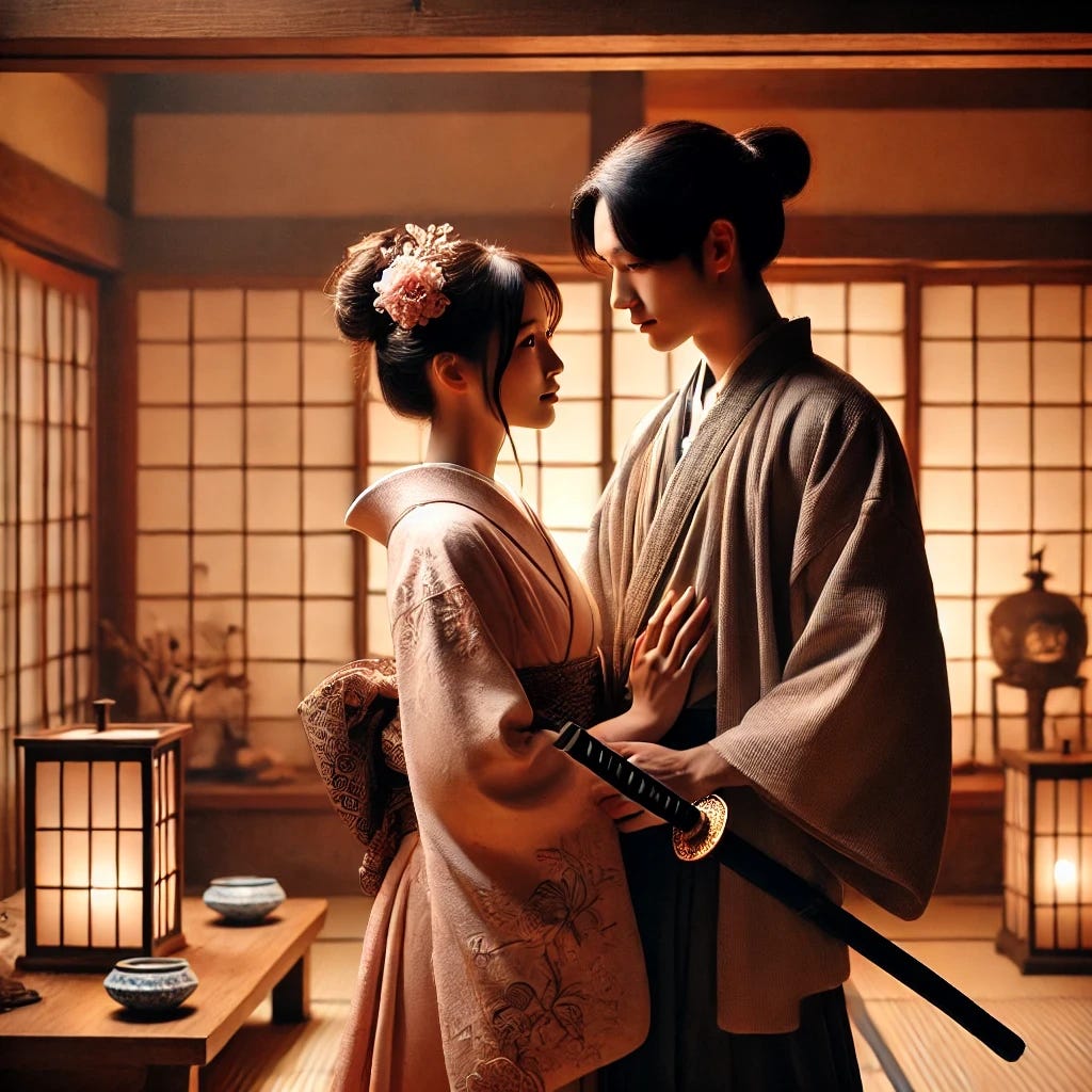 AI art, Dall-E, japanese, japan, edo japan, ronin, samurai, oiran, romance, love