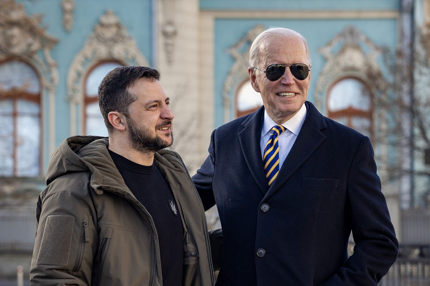 President Joe Biden walks with Ukrainian President Volodymyr Zelenskyy, Monday, February 20, 2023, during an unannounced trip to Kyiv, Ukraine.