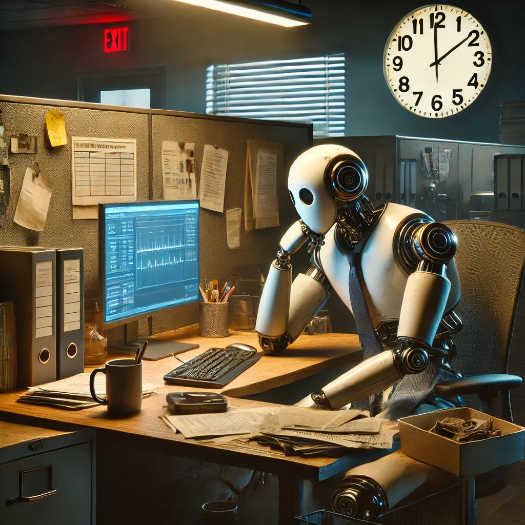 A robot slouched in front of a computer screen in an office setting, looking bored and out of energy. The robot is seated at a desk cluttered with office supplies, papers, and a coffee mug. The office environment includes cubicle walls, a stack of folders, and a clock on the wall showing time passing aimlessly. The wall in front is decorated with office-related reminders and notes, giving the impression of a mundane job with missed opportunities. The lighting is dim, casting a melancholic atmosphere that emphasizes the robot's fatigue and sense of being lost in time.