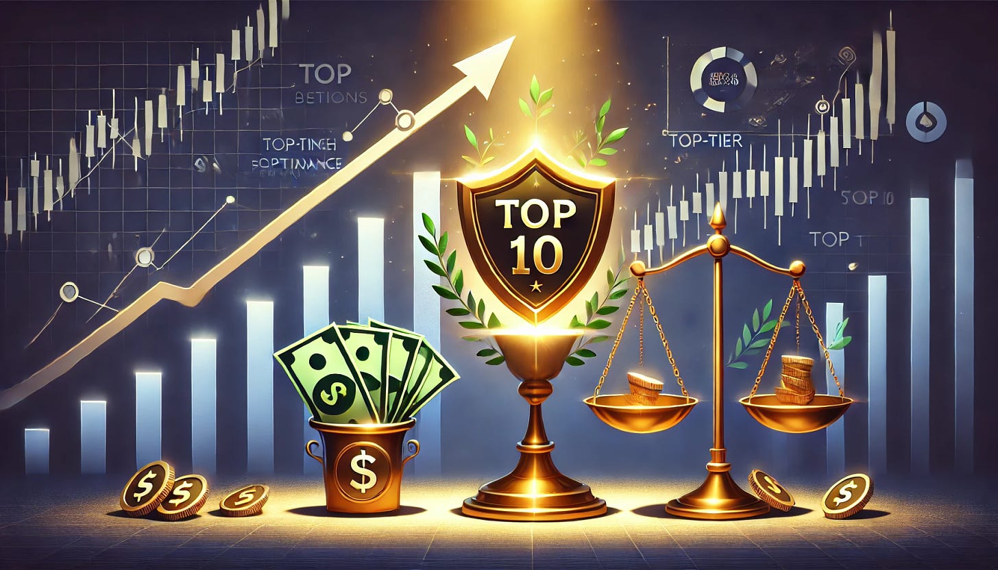 An illustration showing a bullish options bet on a strong stock with top-tier performance and an attractive valuation. The image includes a rising graph in the background symbolizing growth, with a spotlight on a gold shield representing 'Top 10' status. A scale of balance with money on one side and a stock chart on the other shows the balance of performance and valuation. The scene suggests a positive financial decision, with arrows pointing upward and subtle hints of stock and options trading without any text or logos.