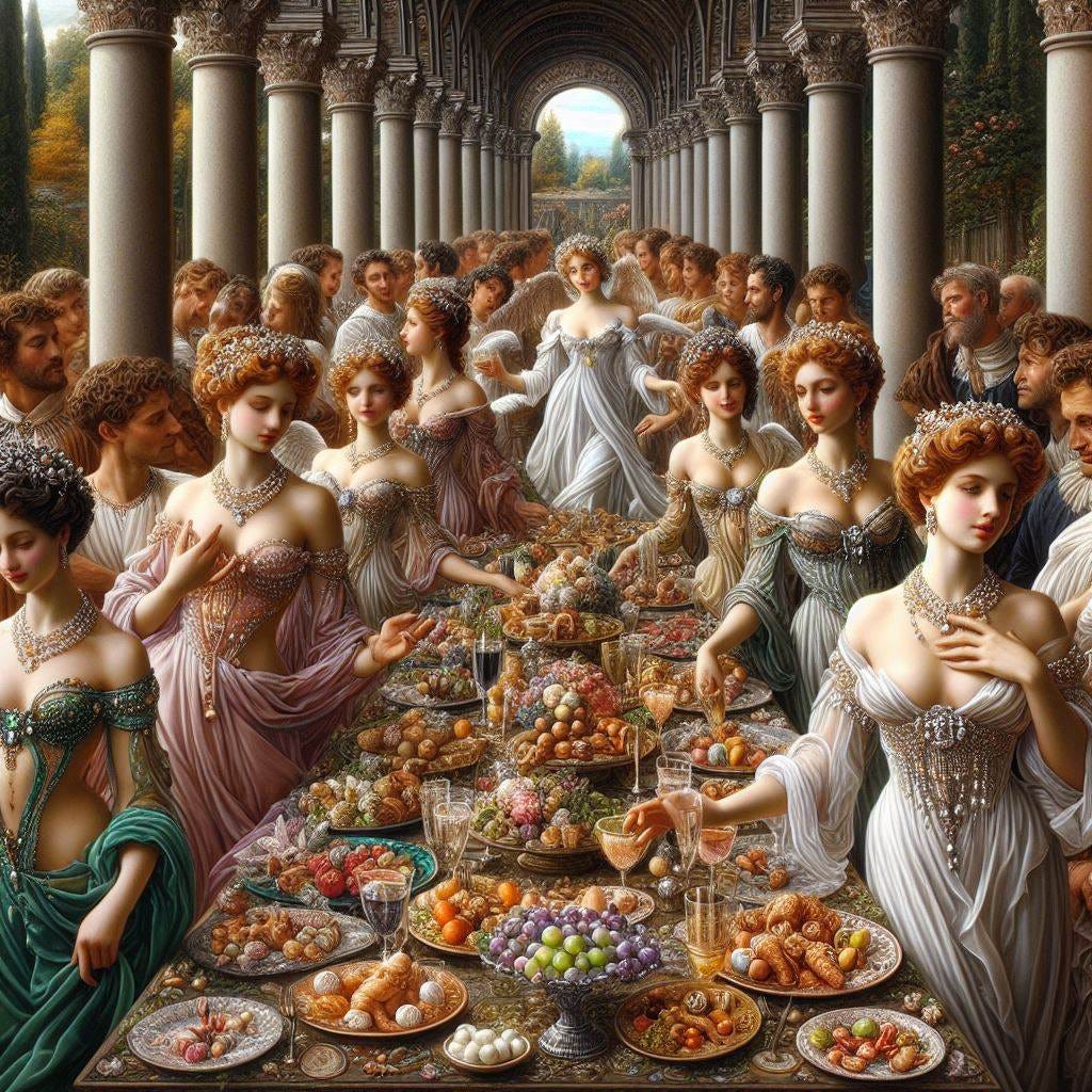 show me an outdoor Renaissance loggia in a garden with angelic girls scantily dressed in pearls, emeralds, diamonds and rubies leading courtly gentlemen to a banquet with elixirs and marzipan fruits 