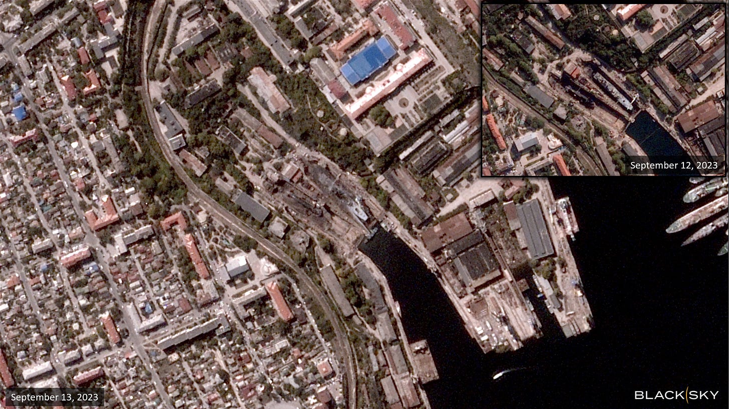 A combination image of satellite photos shows Sevastopol before (inset) and after a Ukrainian missile attack