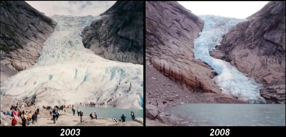 Briksdal glacier in 2003 and 2008