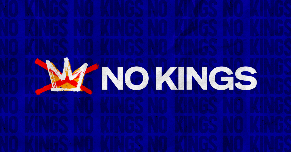 Crown crossed out in red "X" and "No Kings" to the left in white font.