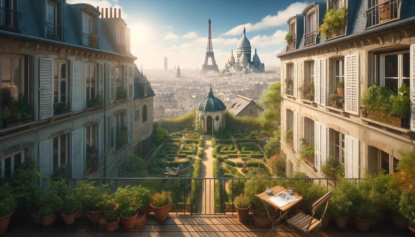An image inspired by the essence of Paris. This panoramic view features iconic landmarks like the Eiffel Tower and Montmartre, capturing the creative retreat within the bustling city.