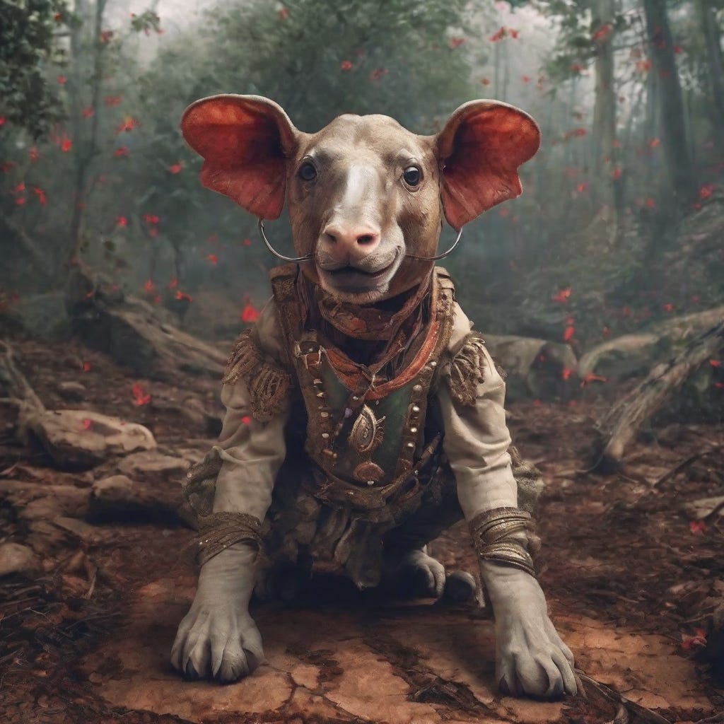 An AI-generated "photo" of an animal in a woodland setting. It has the head of a large-eared cow, but the feet of a predator. It is wearing something like a medieval military uniform, with epaulettes and a leather armor vest... and large silver hoop earrings.