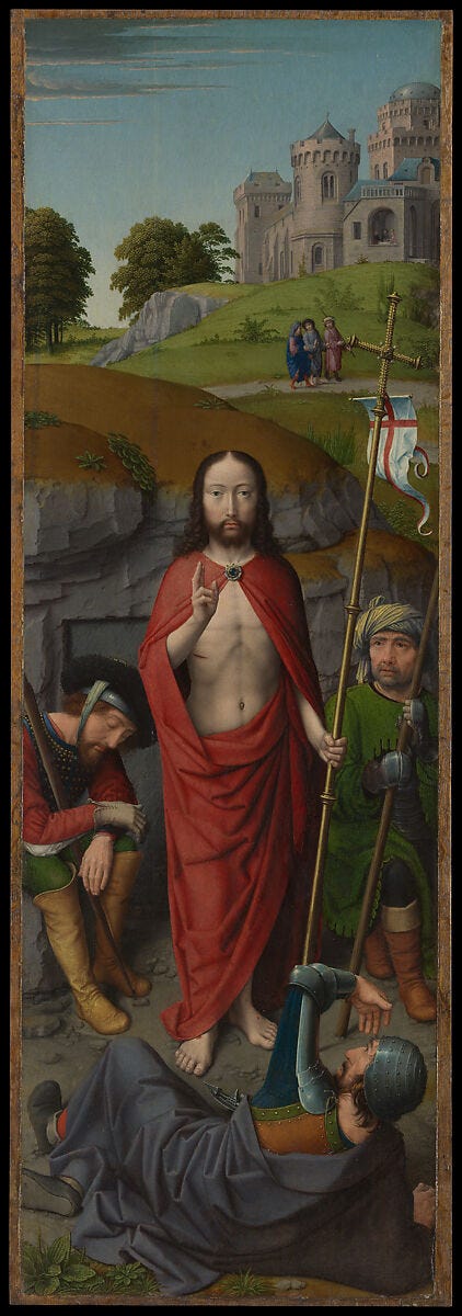Christ Carrying the Cross, with the Crucifixion; The Resurrection, with the Pilgrims of Emmaus, Gerard David (Netherlandish, Oudewater ca. 1455–1523 Bruges), Oil on oak panel 