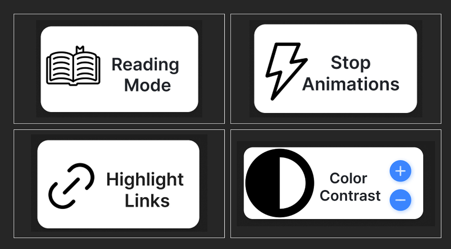 Four boxes representing types of buttons available on overlay widgets. Reading mode with a book icon, stop animations with a thunderbolt icon, highlight links with a a link icon , and color contrast with a contrast icon near increase or decrease contrast buttons.