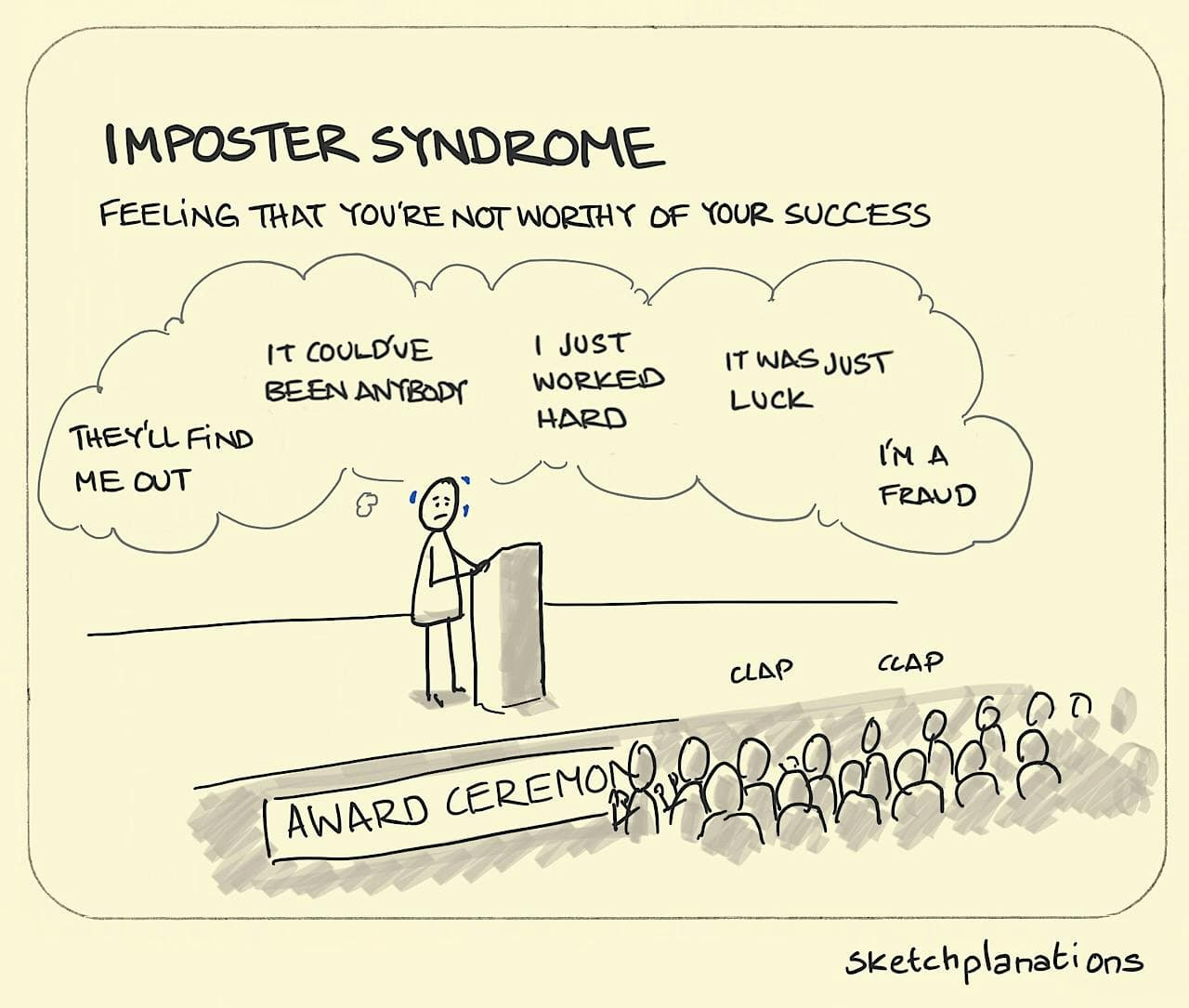 Imposter Syndrome illustration: even as an appreciative audience applaud, an award recipient at the rostrum on stage questions whether they actually deserve this recognition. Imposter Syndrome illustration: even as an appreciative audience applaud, an award recipient at the rostrum on stage questions whether they actually deserve this recognition.