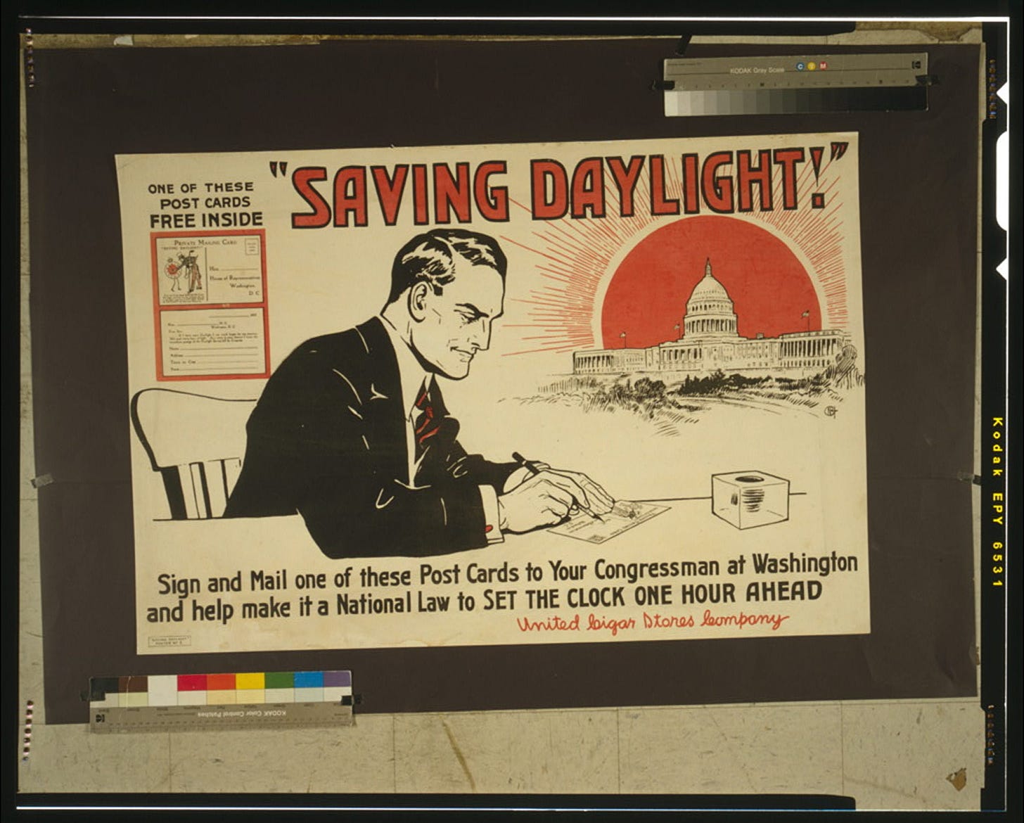 Poster showing a man writing a postcard in support of daylight saving time, with the U.S. Capitol in the background.   U.S. Library of Congress