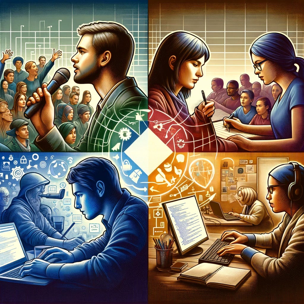 A composite image representing the four facets of Developer Relations. The image is divided into four quadrants. The first quadrant shows a person speaking to a community, representing public speaking and community engagement. They are standing on a stage, addressing an audience with a mix of ethnicities and genders, illustrating inclusivity. The second quadrant depicts a person intensely coding at a computer, symbolizing software development and technical expertise. The third quadrant illustrates a person writing a blog post, showcasing the content creation and thought leadership aspect. In the fourth quadrant, a person is seen providing support, depicted by them assisting another person with a technical problem on a laptop. The central theme of the image is the diverse skills required in Developer Relations, and each quadrant is distinct yet interconnected.
