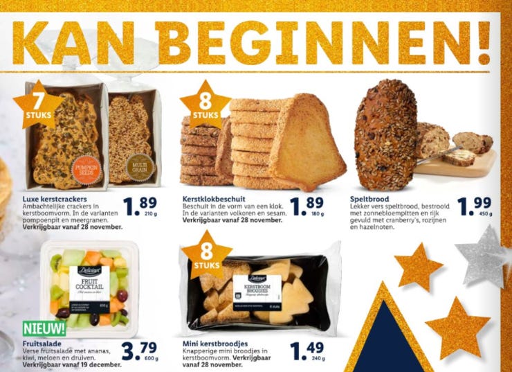 'Kerstcrackers', 'kerstklokbeschuit' en 'kerstbroodjes' in de Lidl-folder.