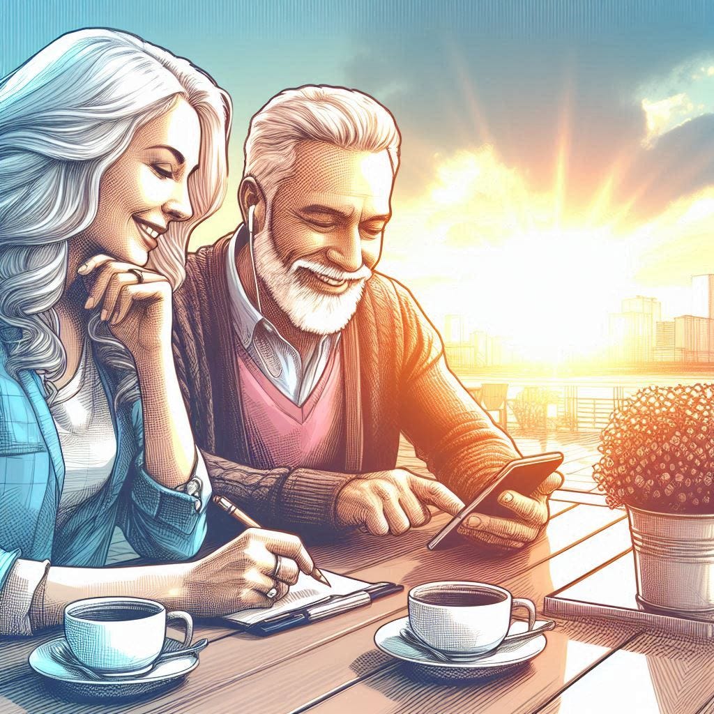 middle aged couple listening to music on a smartphone in a cafe at sunrise, colored drawing