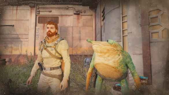 Screenshot from Star Wars Jedi Survivor, which I guess is a game, showing a Star Wars guy standing next to what is very obviously Arnold Lobel’s Frog from the Frog and Toad books, with an adorable gay little Star Wars belt on.