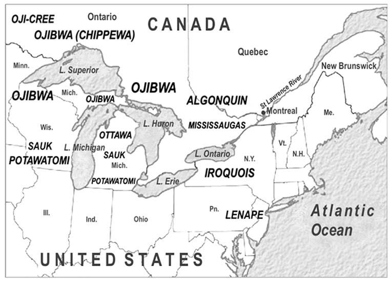 Map showing the territories of First Peoples of the Great Lakes and St Lawrence River region of the United States and Canada. (Image: Courtesy of the Author) Map showing the territories of First Peoples of the Great Lakes and St Lawrence River region of the United States and Canada. (Image: Courtesy of the Author)