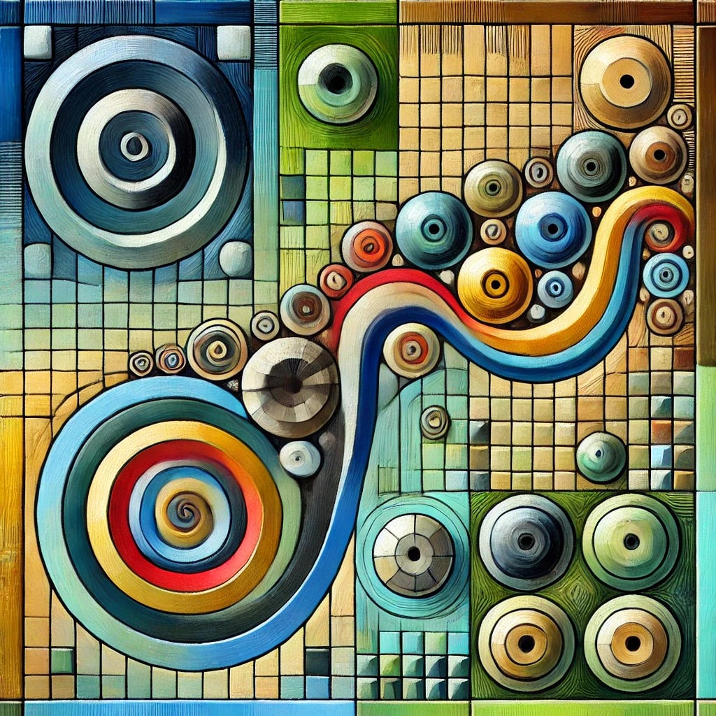 An abstract, playful painting inspired by the themes of elastic and inelastic demand in economics. The composition features a central object representing elasticity—dynamic, colorful spirals and arcs symbolizing growth and expansion—set against a stable, geometric background in shades of green, blue, brown, and black to convey the contrast with inelasticity. The background integrates rectangular and circular patterns to depict stability and necessity, with lively brushstrokes adding texture and vibrancy. The overall design emphasizes flatness and harmony, evoking a sense of balance between growth potential and essential constants.