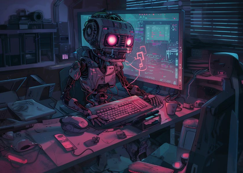 Robot in an office with a keyboard