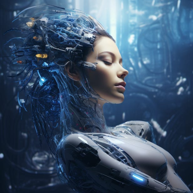 A woman is merged with AI, basking in its profound nature and the knowledge it provides.