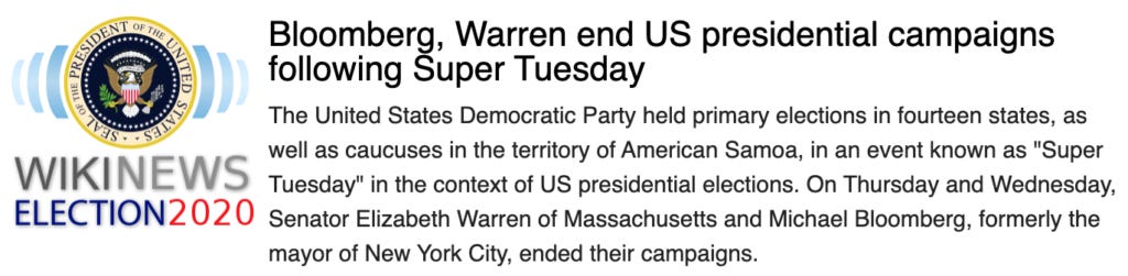 Wikinews: "Bloomberg, Warren end US presidential campaigns following Super Tuesday"