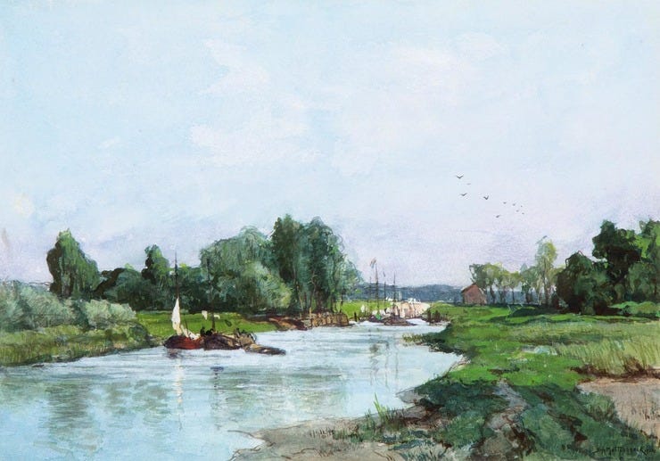 'A summer landscape with boats on a river' - aquarel: J.H. van Mastenbroek (kavel 584 Venduehuis Den Haag)