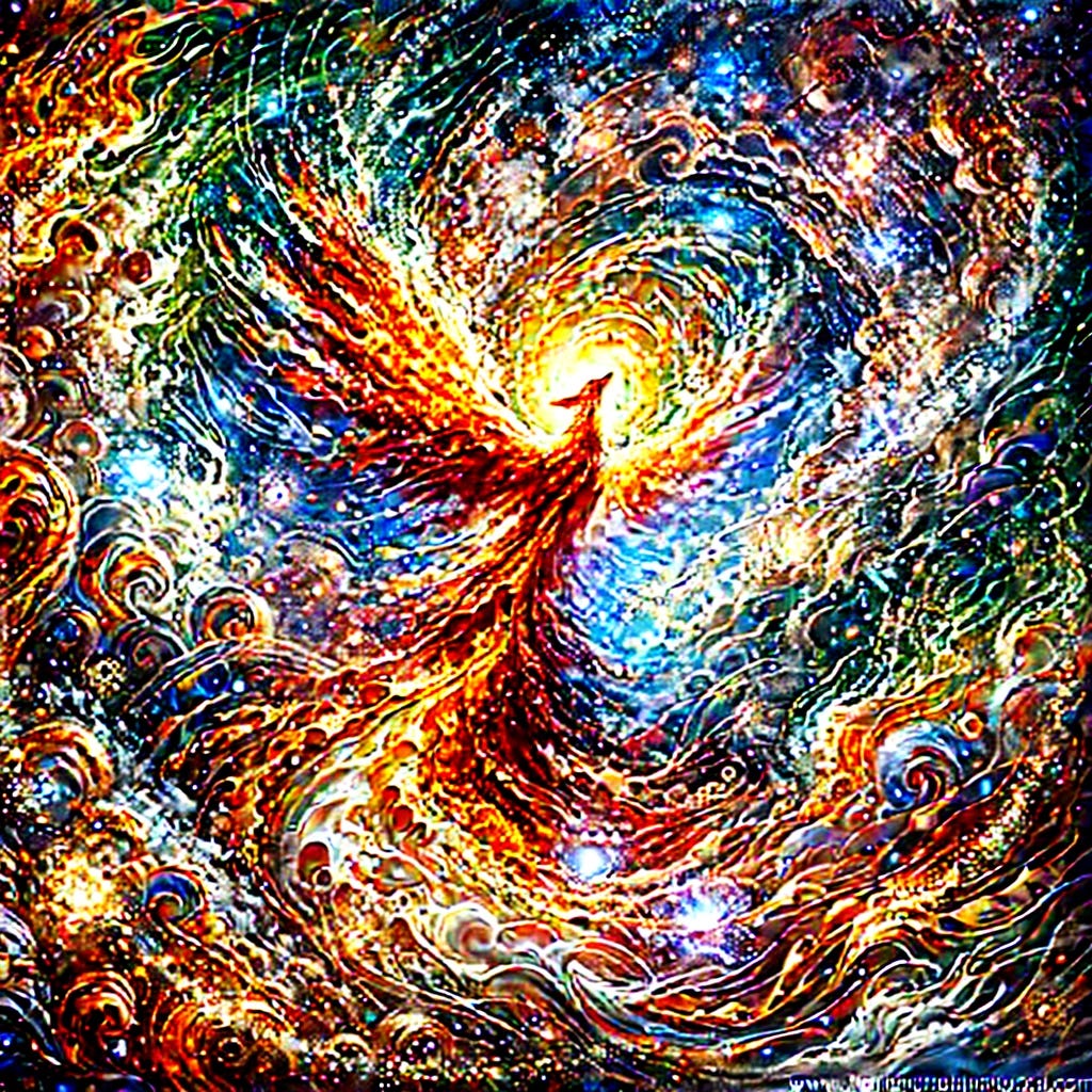 An oil painting depicting the concept of cellular regeneration and rejuvenation. Imagine an abstract representation of a phoenix rising from vibrant flames, symbolizing rebirth and vitality. Surround the phoenix with swirling, luminous energy and glowing particles to convey the idea of life extension and renewal. The colors should be rich and bold, with fiery reds, oranges, and golds blending into cooler blues and greens to represent healing and transformation. Expressive brushstrokes should create a sense of movement and dynamic change, reflecting the vitality and power of the Phoenix Protocol.