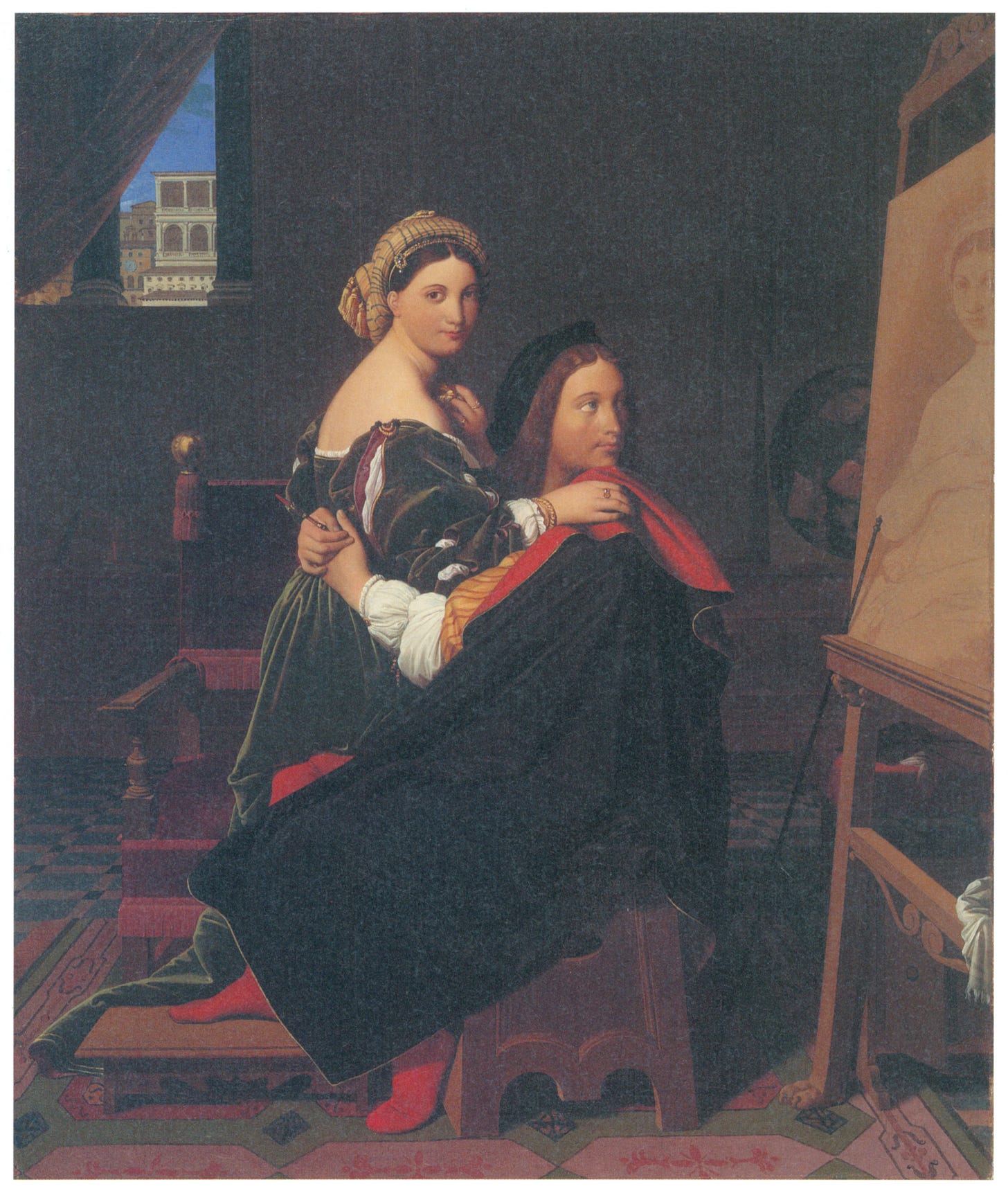 A painter and his lover embrace but the artist's gaze is fixed not on the woman he is embracing but on the portrait of her he has painted, which sits on an easel behind them, in this painting by Ingres.