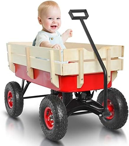 Amazon.com: VISRACK All Terrain Wagons for Kids Wagon with Removable Wooden  Side Panels Garden Wagon Cart Heavy Duty with Steel Wagon Bed Folding ...