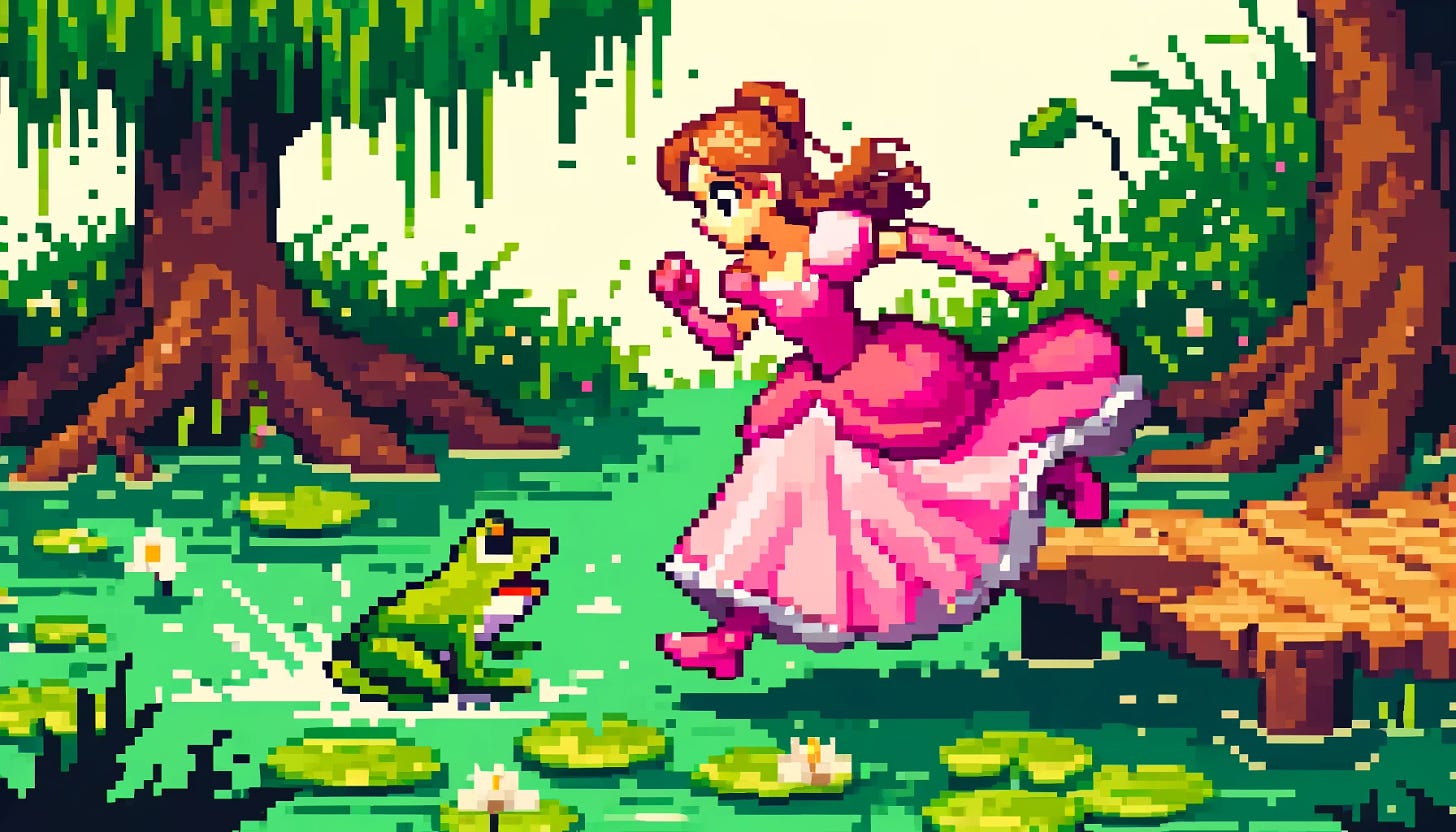 A DALL-E generated pixel art image of a princess in a pink dress, leaping into a swamp to chase a frog.