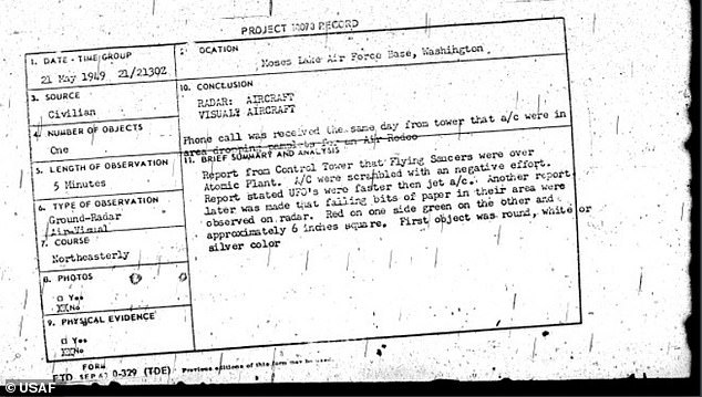 In one illustrative case from May 21, 1949, Hanford personnel spotted a 'silvery, disc-shaped' UFO hovering over the plant, whose B Reactor had generated the plutonium used in the first atomic bomb test at Trinity. 'UFO's were faster than jet,' Air Force investigators noted (above)