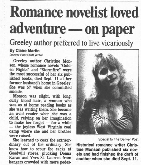 Screenshot of an obituary: Romance novelist loved adventure -- on paper