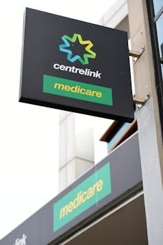 Centrelink signage seen from below