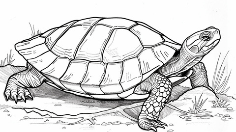 Illustration of a turtle at the shoreline, sitting on the beach, ready for coloring.