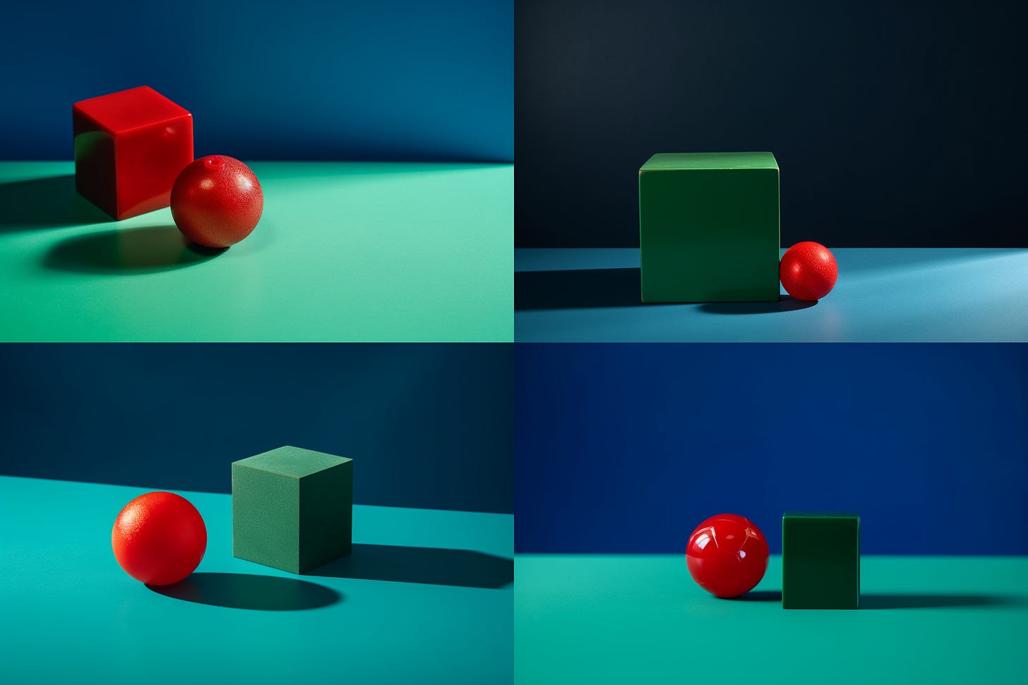 Midjourney V5 results for "one red ball and two green cubes on a blue table" -  4-image grid.