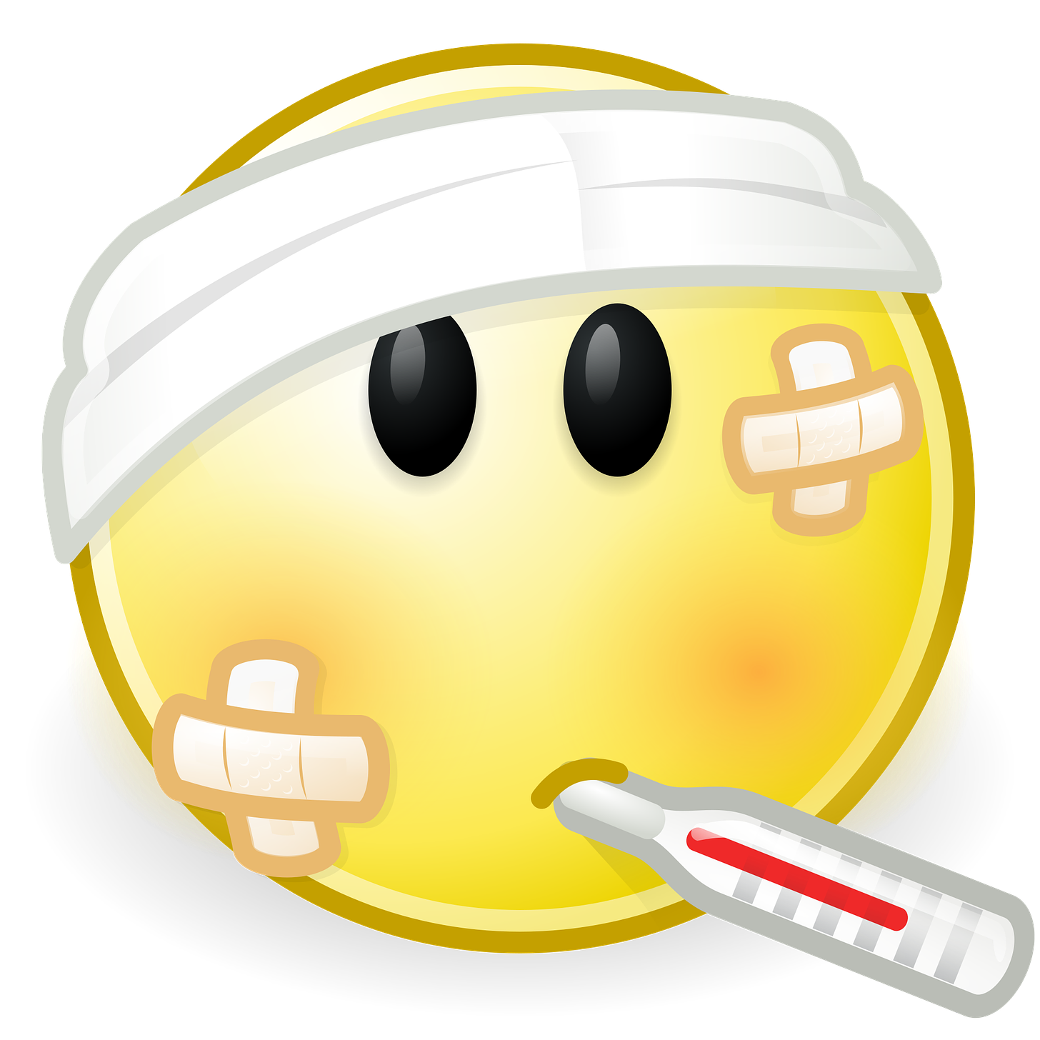 Cartoon face wearing bandages with thermometer in its mouth